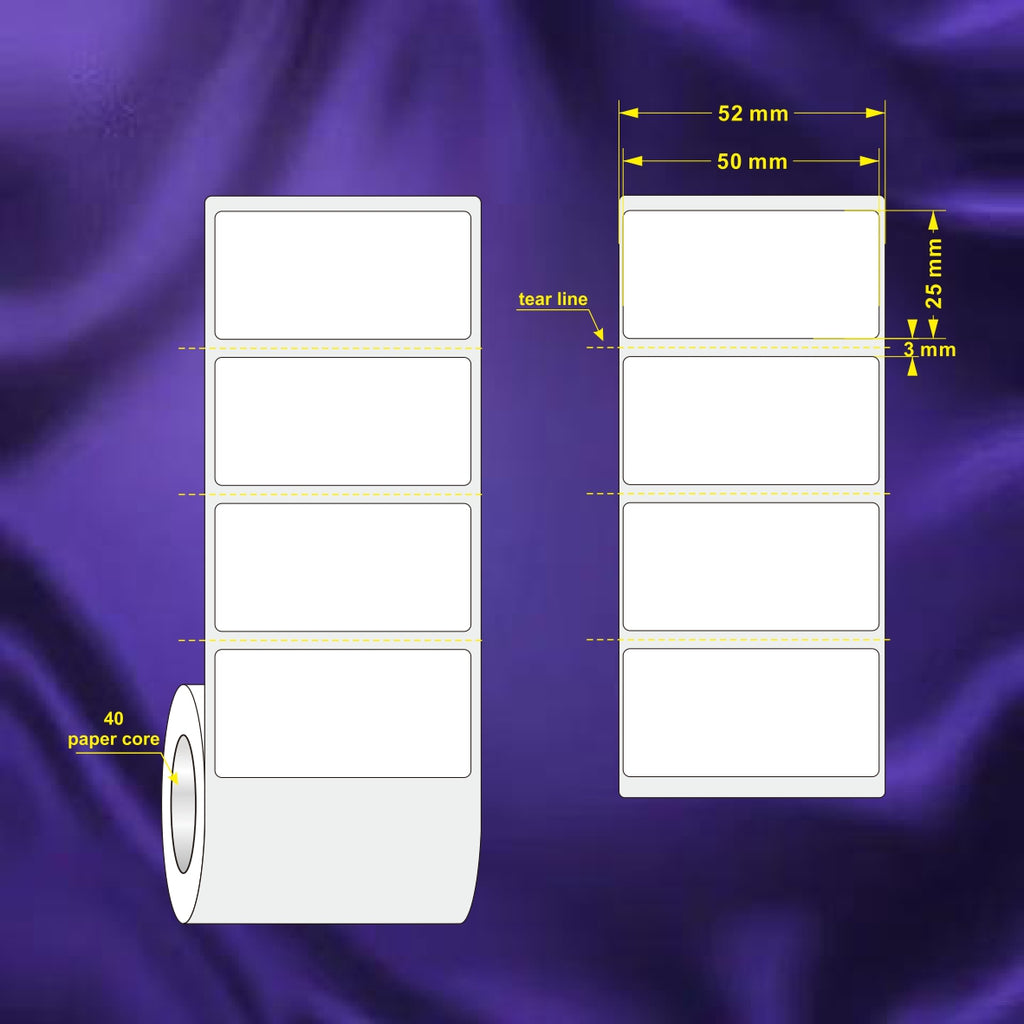 1 Roll 50mm X 25mm Perforated Direct Thermal Labels White - 2000 Labels per Roll / Core 40mm, diameter 100mm