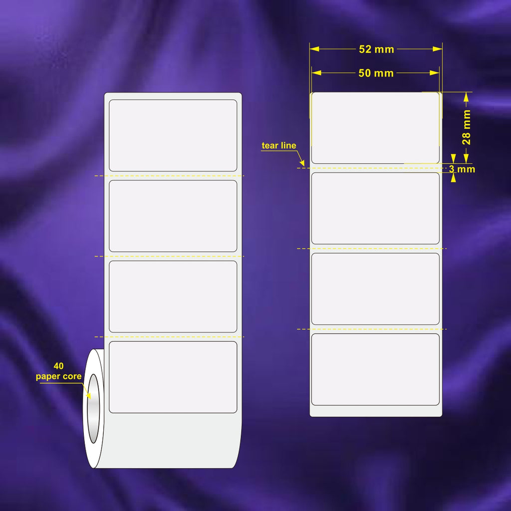 1 Roll 50mm X 28mm Perforated Direct Thermal Labels White - 2000 Labels per Roll / Core 40mm, diameter 107mm