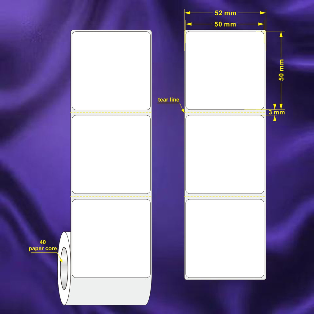 1 Roll 50mm X 50mm Perforated Direct Thermal Labels White - 1000 Labels per Roll/ Core 40mm, diameter 100mm