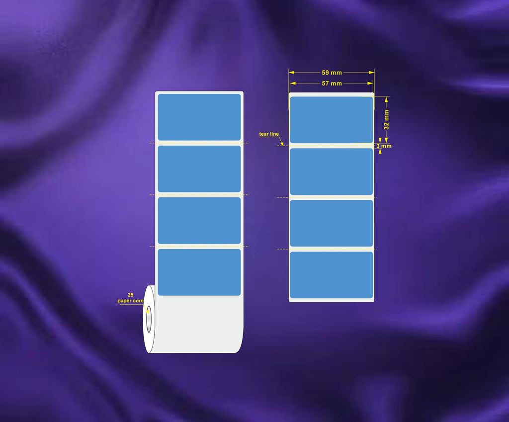 1 Roll 57mm X 32mm Perforated Direct Thermal Labels Blue - 2000 Labels per Roll/ Core 25mm, diameter 106mm