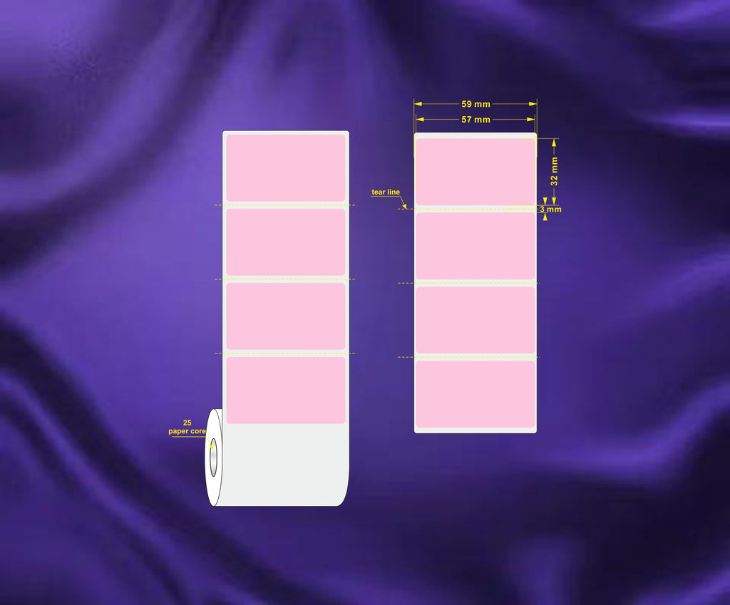 1 Roll 57mm X 32mm Perforated Direct Thermal Labels Pink - 2000 Labels per Roll / Core 25mm, diameter 106mm