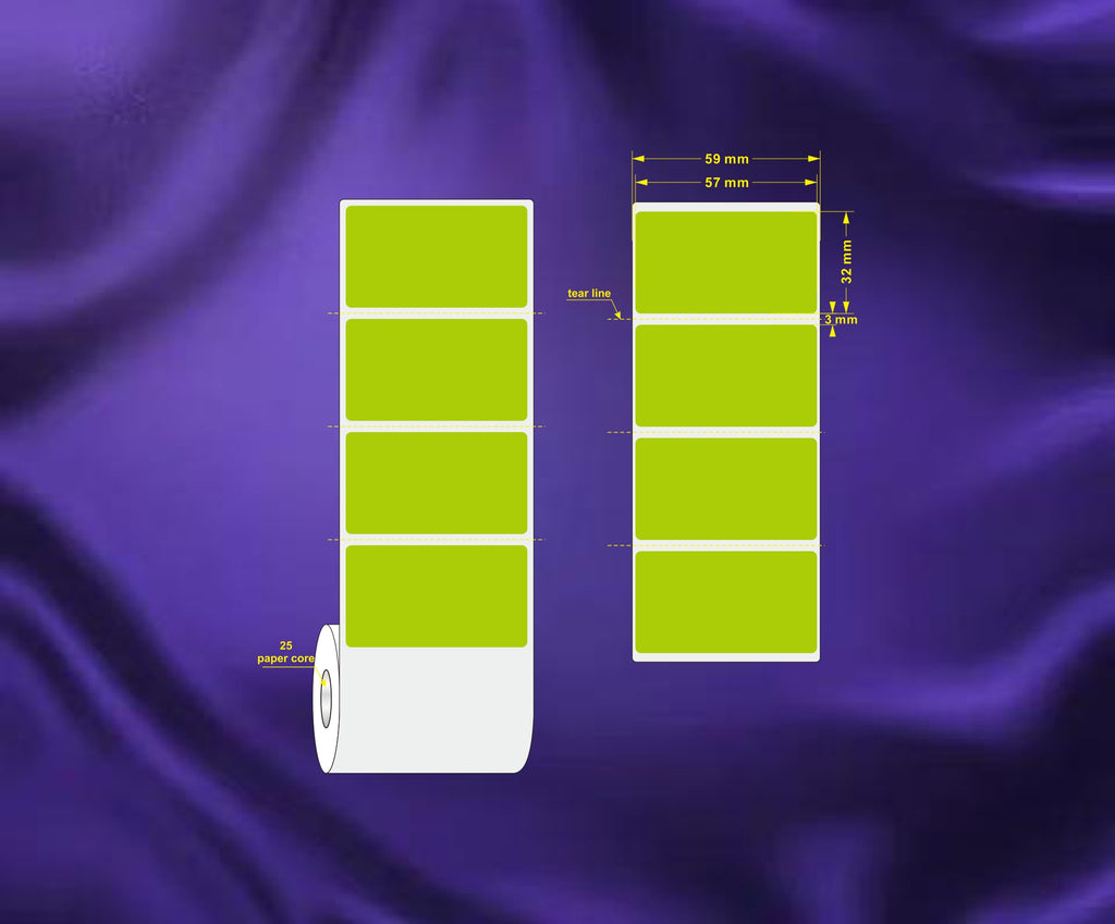 1 Roll 57mm X 32mm Perforated Direct Thermal Labels Green - 2000 Labels per Roll / Core 25mm, diameter 106mm