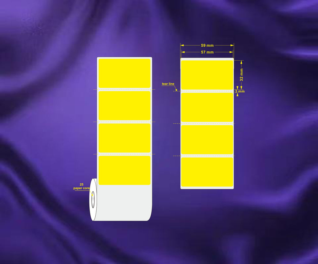 1 Roll 57mm X 32mm Perforated Direct Thermal Labels Yellow - 2000 Labels per Roll / Core 25mm, diameter 106mm