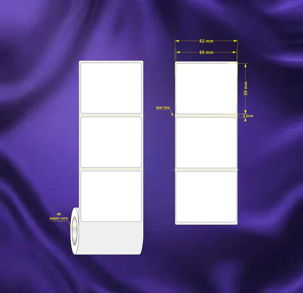 1 Roll 60mm X 50mm Perforated Direct Thermal Labels White - 1000 Labels per Roll / Core 40mm, diameter 100mm
