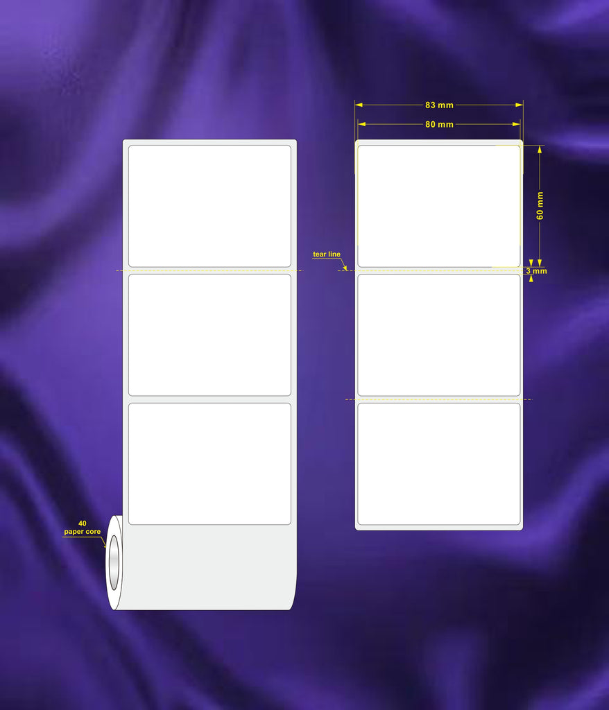 1 Roll 80mm X 60mm Perforated Direct Thermal Labels White - 600 Labels per Roll / Core 40mm, diameter 89mm