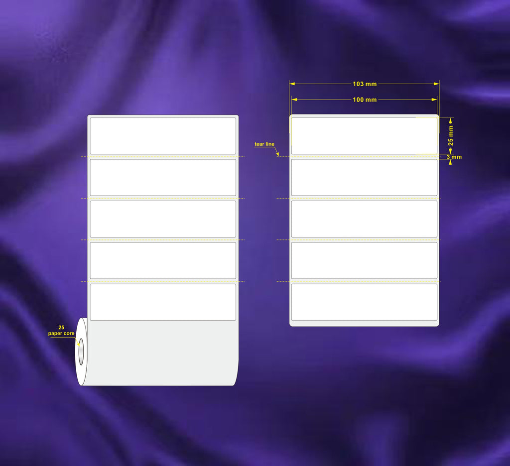 1 Roll 100mm X 25mm Perforated Direct Thermal Labels White - 2000 Labels per Roll