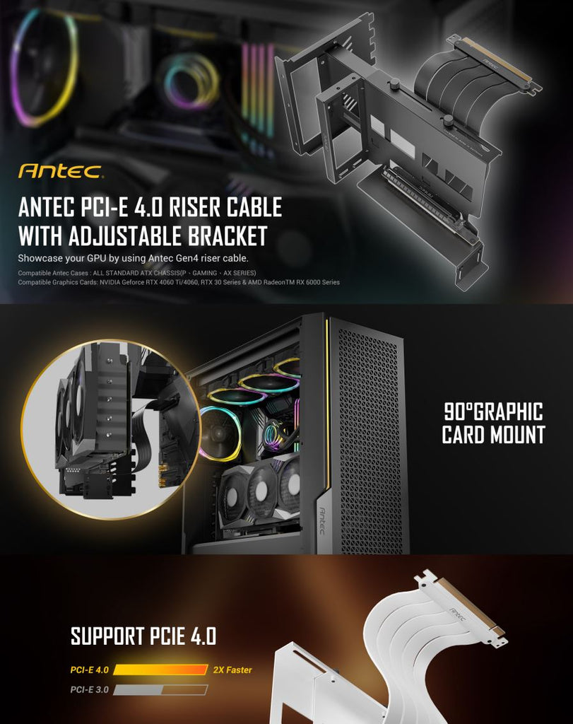 Antec Adjustable Vertical PCI Bracket and PCI-E 4.0 Cable Kit (200mm) White. Universal. Premium Gold Plated + RTX 4050 / 4060 / 4070 and AMD 6000(LS)