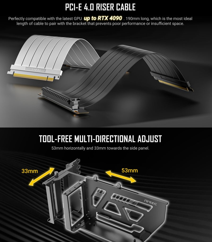 Antec Adjustable PCIE-4.0 Vertical GPU Bracket and PCI-E 4.0 Riser Cable White (190mm)