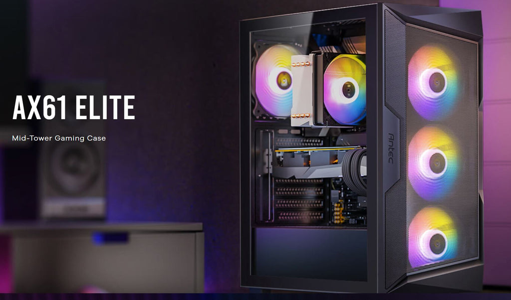 Antec AX61 Elite ATX, 4x ARGB 120mm Fans included, Up to 8x 120mm. 360mm Radiator Front  240mm Top, 32CM GPU  16CM CPU, High Airflow Gaming Case