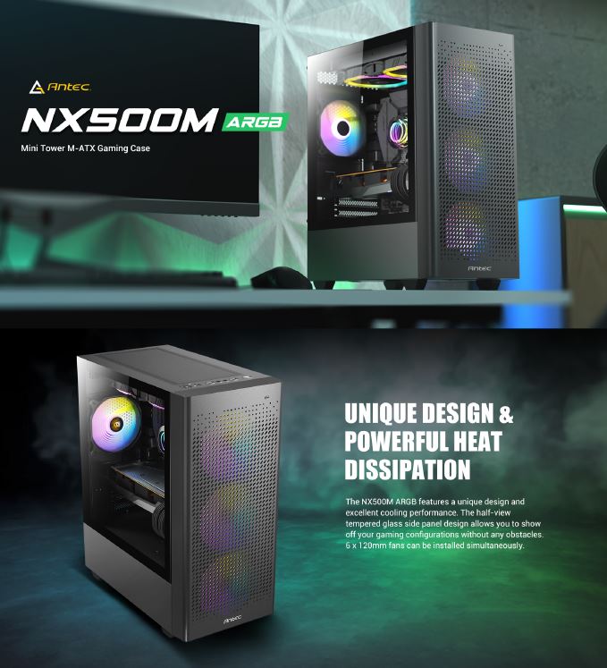 Antec NX500M ARGB  mATX, Mesh, USB-C, 3x ARGB 120mm, USB 3.0, HD Audio, 360mm Radiator Front  240 Top, 2x ARGB Front, 1 x Rear, removable HDD, Case