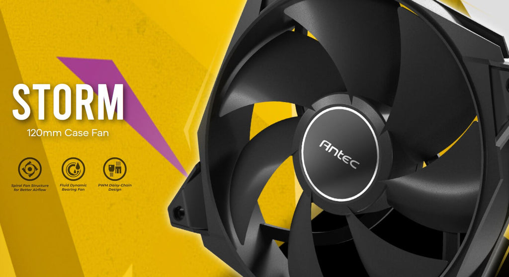 Antec Storm 120mm PWM FDB Fan 3 Pack, High Airflow 66.56 CFM, Air Pressure 2.7, Noise Level 25.8. Woven Cable, PMW Daisy Chain design, 3 Yrs Wty (LS