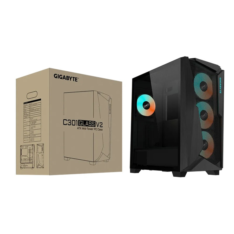 Gigabyte C301V2 RGB Tempered Glass E-ATX Black Mid Tower Gaming Chassis  2x3.5" 2x2.5" 2xUSB3.0 Detachable Dust Filter Liquid Cooling PSU Standard ATX