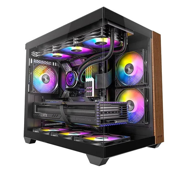 OKINOS M6 ARGB ATX Genuine Walnut Wood, Panoramic View, Type-C, 4 x120mm ARGB  PWM Fans included,Tempered Glass Side Panel, Black,  Case