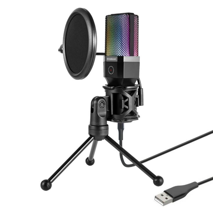 Simplecom UM650 USB Cardioid Condenser Microphone Gaming RGB Lights with Tripod  Pop Filter