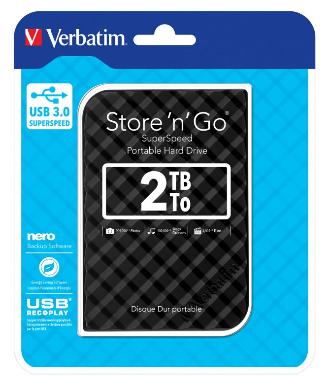 Verbatim 2TB 2.5" USB 3.0 Black Store'n'Go HDD Grid Design, Ultra Portable, High Speed  Capacity. Backup and Store + Nero Backup Software