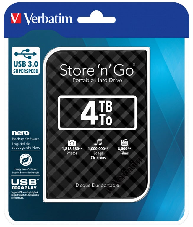 Verbatim 4TB 2.5" USB 3.0 Black Store'n'Go HDD Grid Design.