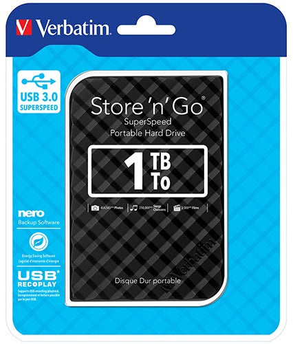 Verbatim 1TB 2.5" USB 3.0 Black Store'n'Go HDD Grid Design, Ultra Portable, High Speed  Capacity. Backup and Store + Nero Backup Software
