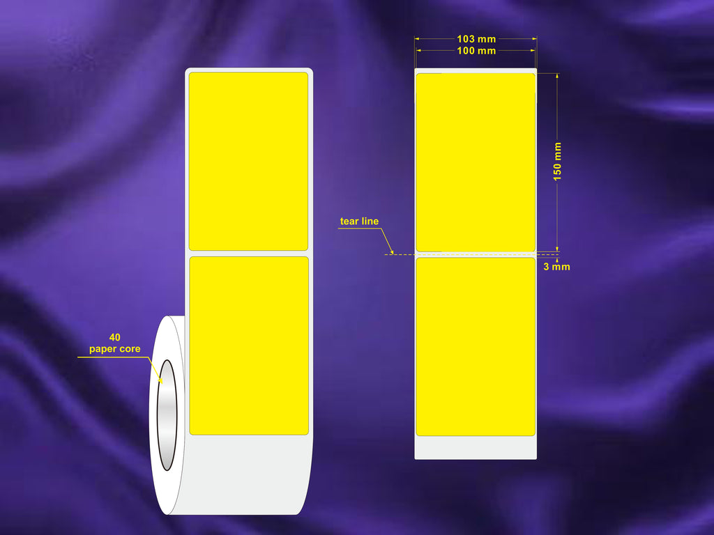 1 Roll 100mm X 150mm Perforated Direct Thermal Labels Yellow - 350 Labels per Roll / Core 40mm, diameter 105mm