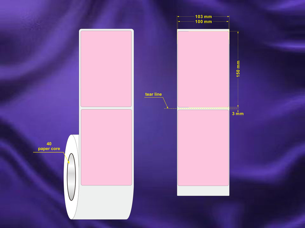 1 Roll 100mm X 150mm Perforated Direct Thermal Labels Pink - 350 Labels per Roll / Core 40mm, diameter 105mm