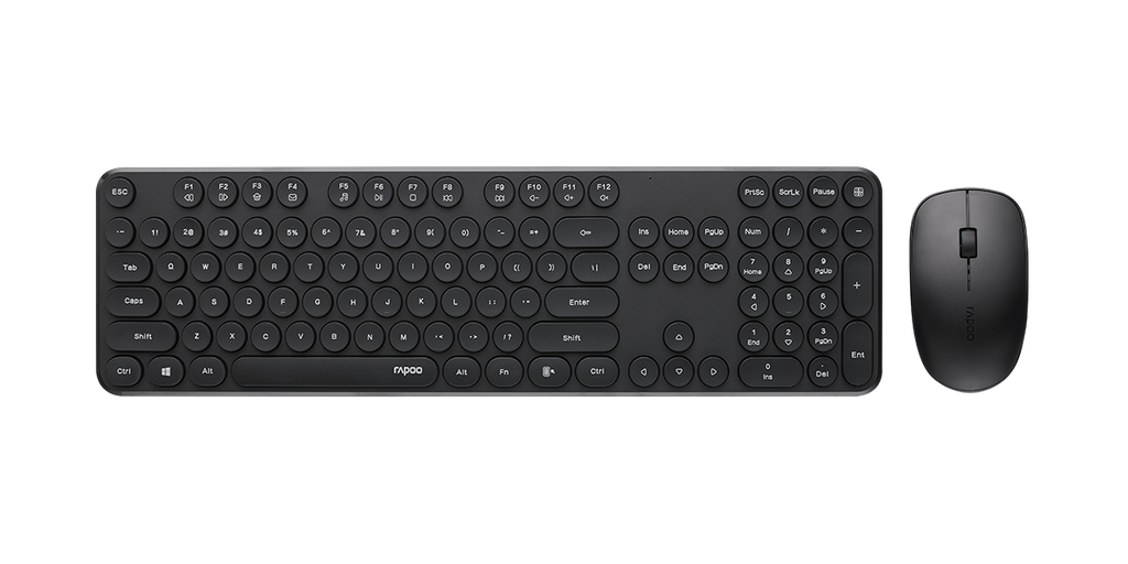 RAPOO Wireless Stylish, Spill-Resistant, Retro Style Round Key, 1000DPI, 2.4G Connection, 10M Range, Nano Receiver, Optical Mouse  Keyboard Black
