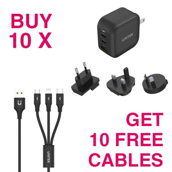 KIT- BUY 10 x Unitek PD66W GaN 3-Port Travel Chargers (Black) + 10 x FREE Unitek 1.2m 3-in-1 USB-A to USB-C/microUSB/Lightning Cables (Black)