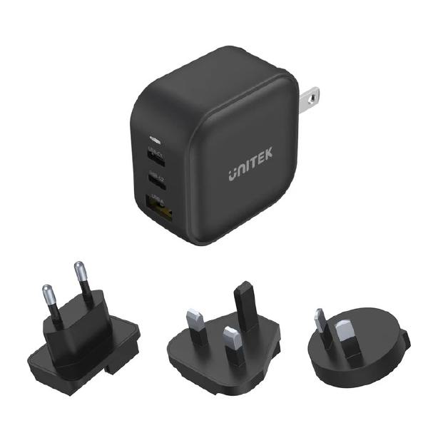 Unitek Travel Tri GaN 3 Ports 66W Charger with USB PD, QC 3.0, with EU, UK and AU Plug, Black, Unitek Gift Box