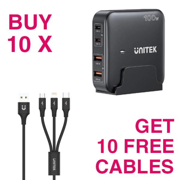KIT - BUY 10 x Unitek PD100W 4-in-1 GaN Desktop Charging Stations + 10 x FREE Unitek 1.2m 3-in-1 USB-A to USB-C/microUSB/Lightning Cables (Black)