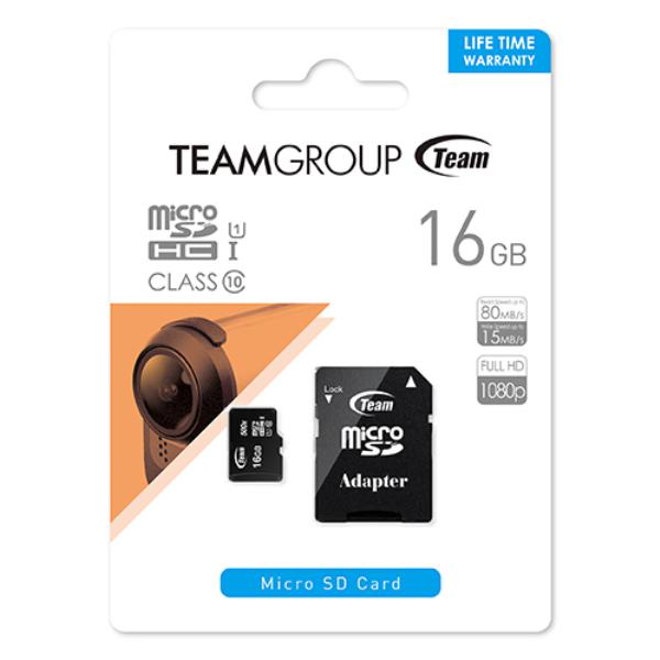 Team Group Micro SDHC 16GB Class10 UHS-I Retail W/1 Adapter  R/W (Max) 80MB/s 15MB/s