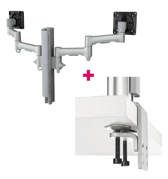 Atdec AWMS-2-4640 Dual 18.11&quot; Monitor Arms on 15.75&quot; Post and Heavy-Duty F Clamp Desk Fixing, Silver