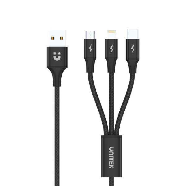 Unitek 1.2m 3-in-1 USB-A to USC-C / MicroUSB / Lightning Cable, Data transfer rate of 480Mbps, works will all devices, Cable Length of 1.2M