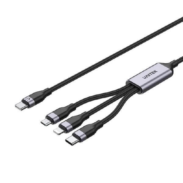 Unitek 1.5M, 3-in-1 USB-C to Lightning, USB-C, Micro USB Multi Charging Cable,  PD 20W, Black