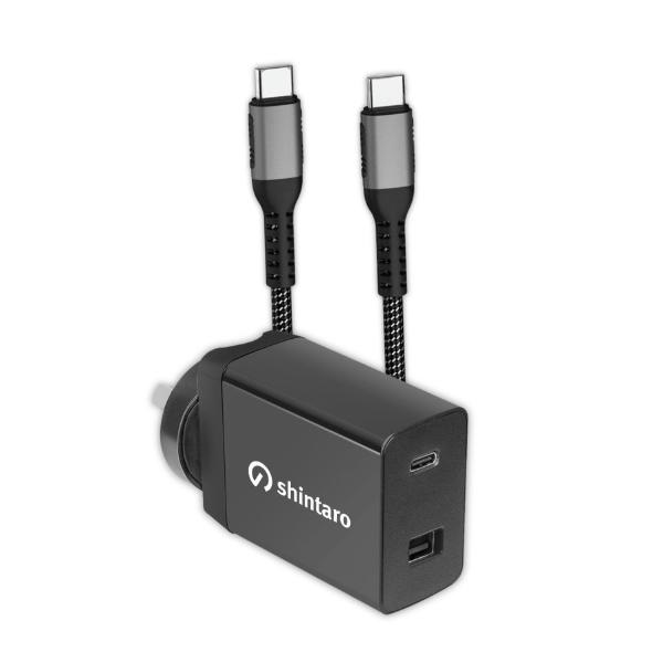 Shintaro 65W GaN Dual Port USB Wall Charger &amp; USB-C Charge Cable 1m, Aluminium head, braid, support Max 20V5A, 100W charging, Emark IC, 480Mbps data