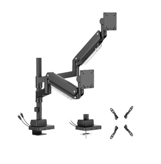 Brateck LDT80-C024UCP Matte Black Super Heavy-Duty Pole-Mounted Gas Spring Dual Monitor Arm with USB-A and USB-C Ports For most 24"-57" Monitors (LS)
