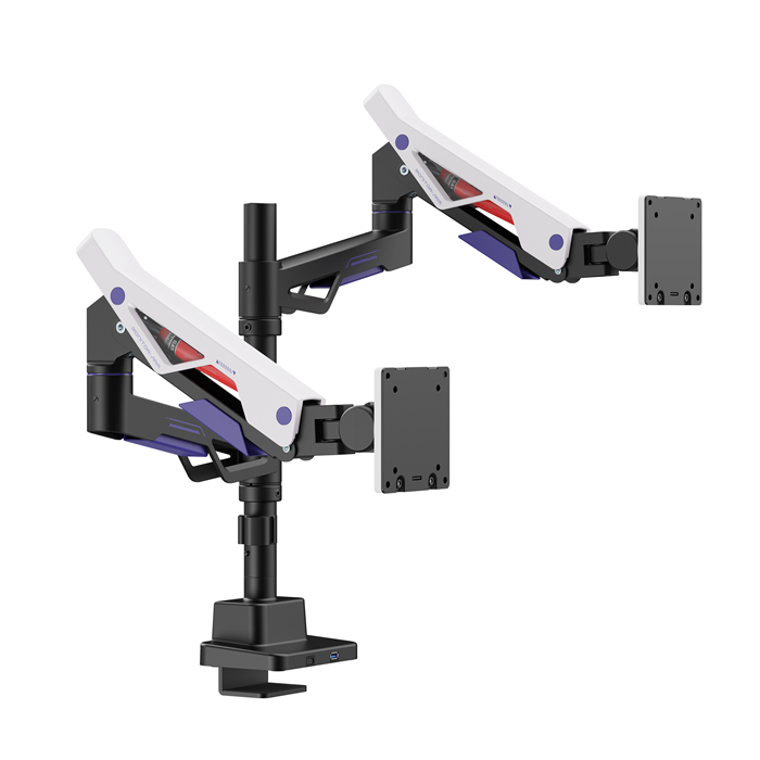 Brateck LDT95-C024UCP Atlas Neo Gaming Pole-Mounted Dual Monitor Arm with USB-A  USB-C Ports For most 24"~57" Monitors, Matte Black  White (New)