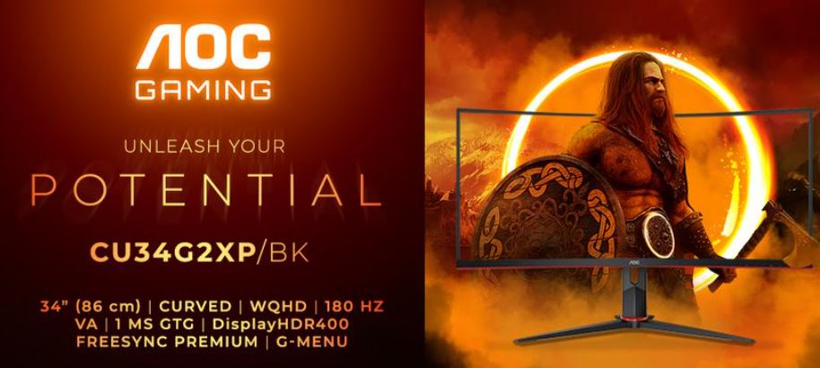 AOC 34" Curved 3440 x 1440 21:9, 1ms, 400cd/m2 HDR, Ultra Fast 180Hz Panel, Adaptive Sync, HDMI: 2.2, DisplayPort: 1.4 Gaming Monitor