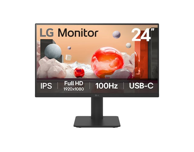 LG 24” IPS Full HD monitor with USB-C – 23.8" FHD IPS, 100Hz, 5ms, 250 nits, 16:9, NTSC 72%, 3-side borderless, USB-C 65W PD, Height/Tilt adj