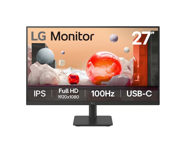 LG 27” IPS Full HD Monitor with 100Hz refresh rate, USB-C (65W PD), 3-side borderless design, Reader Mode, Flicker Safe, and tilt-adjustable stand