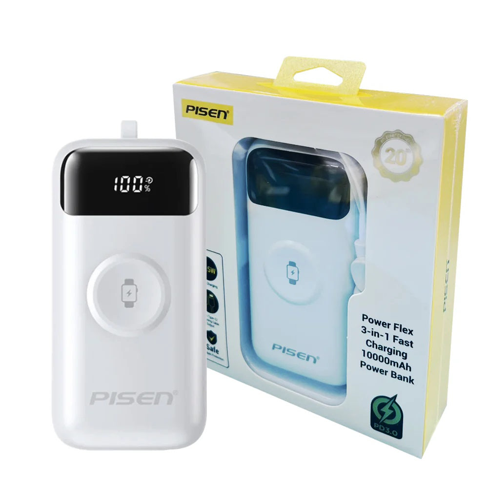 Pisen Flex 10k mAh 22.5W 3 in 1 PD 3.0 Fast Charging Power Bank - CCC-Certified, Supports (PD 3.0/QC 3.0/FCP/AFC), Built-in Type-C  Lightning Cables