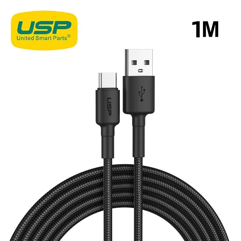 USP BoostUp Braided USB-C to USB-A Cable (1M) Black -3A Fast  Safe Charge,Strong  Durable,Anti-Break,Avoid Knotting,Bend Resistant,Convenient Velcro