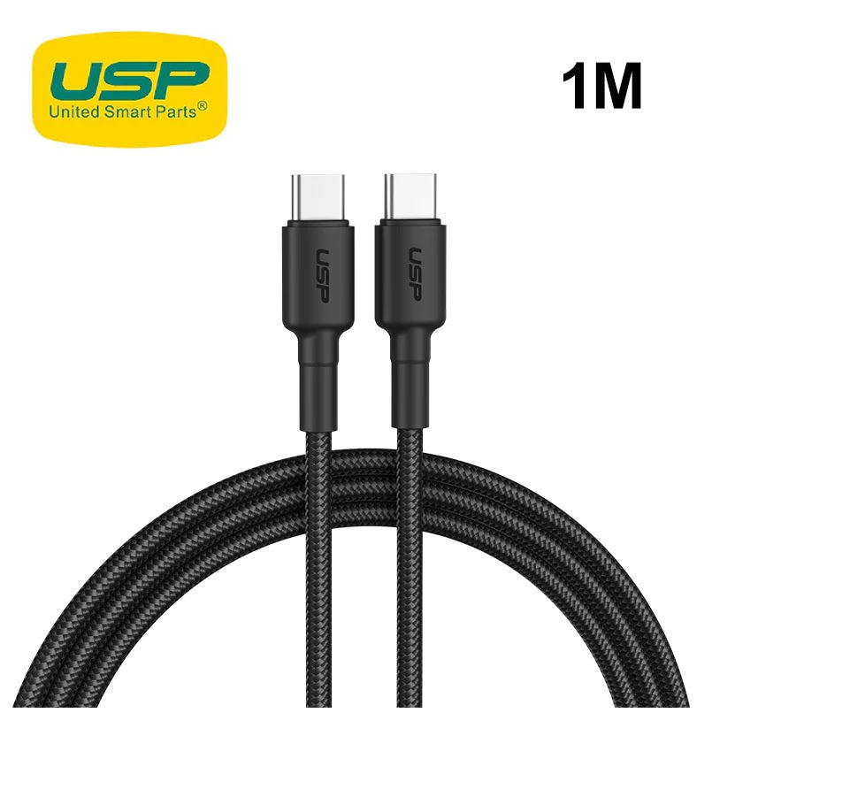 USP BoostUp Braided USB-C to USB-C Cable (1M) Black -3A Fast  Safe Charge,Strong  Durable,Anti-Break,Avoid Knotting,Bend Resistant,Convenient Velcro