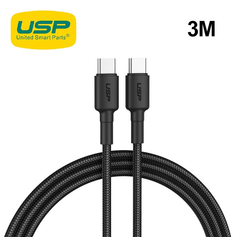 USP BoostUp Braided USB-C to USB-C Cable (3M) Black -3A Fast  Safe Charge,Strong  Durable,Anti-Break,Avoid Knotting,Bend Resistant,Convenient Velcro
