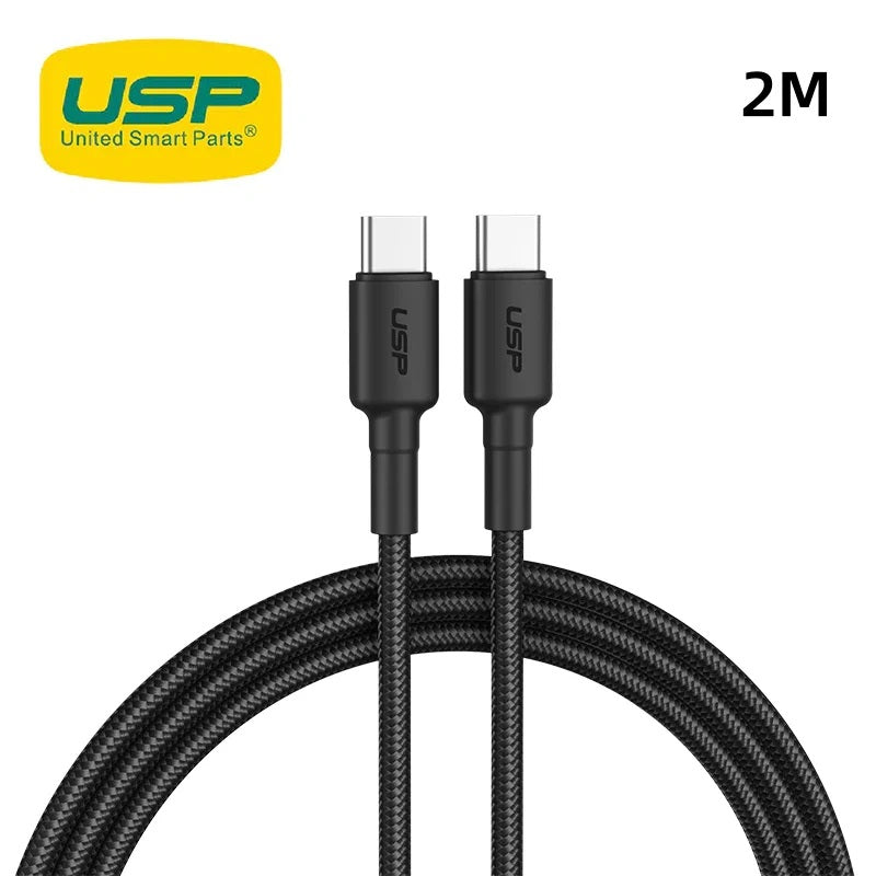 USP BoostUp Braided USB-C to USB-C Cable (2M) Black -3A/60W, Fast  Safe Charge,Strong  Durable,Samsung Galaxy,Apple iPhone,iPad,MacBook,Google,OPPO