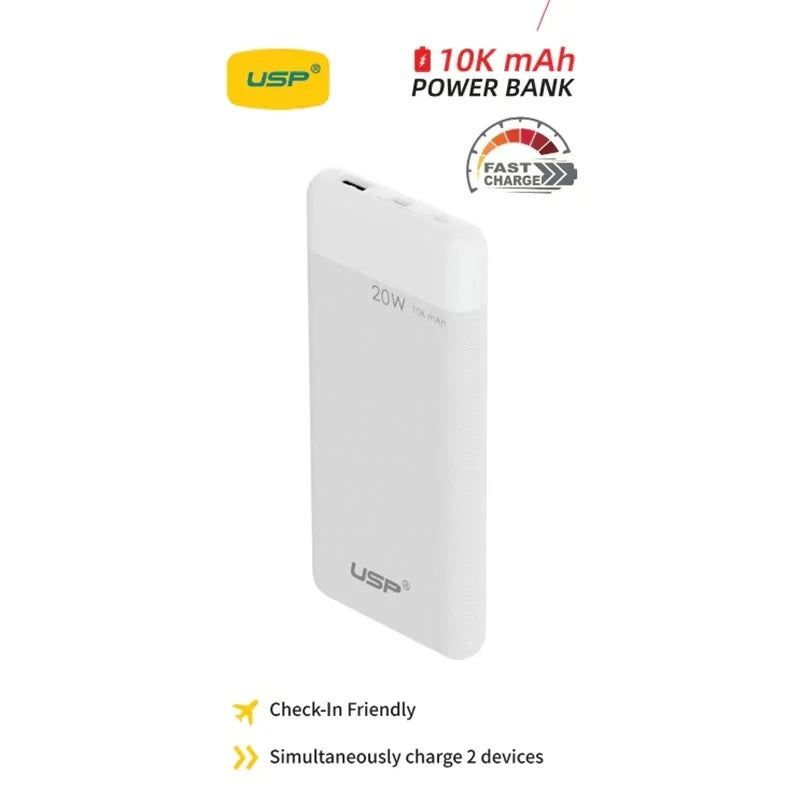 USP 10K mAh Power Bank White - 20W Fast Charge, 2 USB-Outputs, 1x USB-C, 1x USB-A, Indicator Light, Safer Charging, Large Compatibility