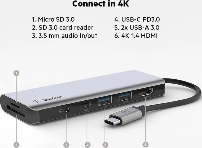 Belkin Connect USB-C 7-in-1 Multiport Hub Adapter + USB-C Cable (21CM) - Space Grey (AVC009btSGY), 100W, 5 Gbps Bandwidth, 2 Years Warranty