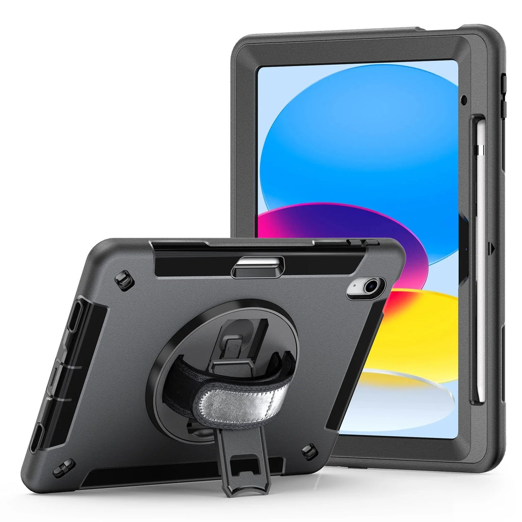 USP Rugged Apple iPad (10.9") 11th Gen (A16) / iPad 10th Gen Case Black - Built-in-Kickstand,Adjustable Hand Strap,Shoulder Strap,Pen Holder,DropProof