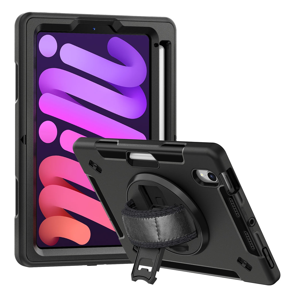 USP Rugged Apple iPad Mini A17 Pro (7th Gen)/ iPad Mini (8.3") (6th Gen) Case with Sling Black-Built-in-Kickstand,Adjustable Hand Strap,Shoulder Strap
