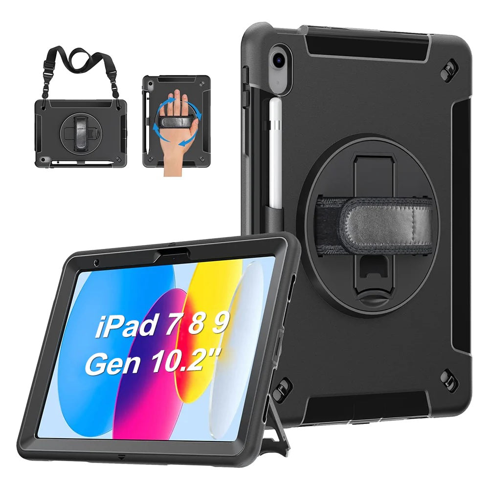 USP Rugged Apple iPad (10.2') (9th/8th/7th Gen) Case Black - Built-in-Kickstand, Adjustable Hand Strap, Shoulder Strap, Pen Holder, DropProof