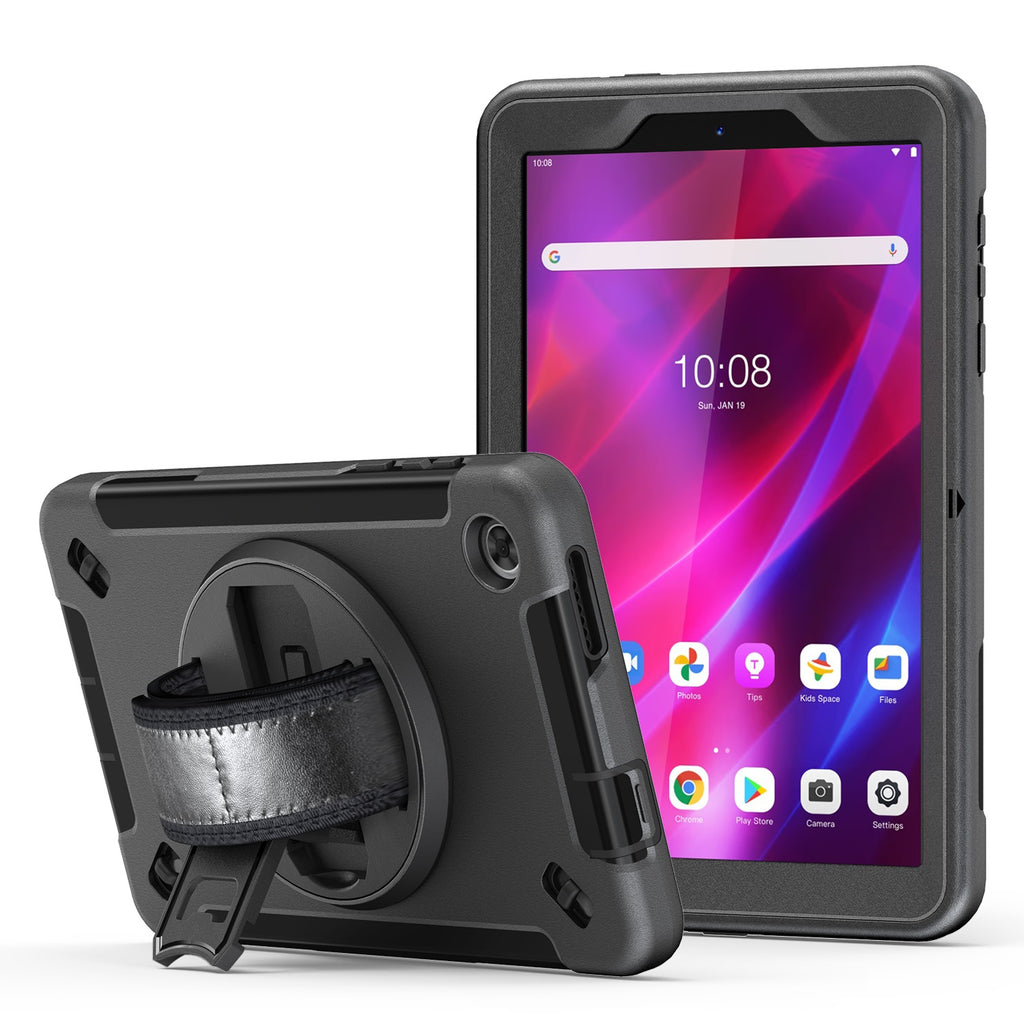 USP Rugged Lenovo Tab M8 (4th Gen) (8") (TB-300) Case + Screen Protector Black - Built-in-Kickstand, Adjustable Hand Strap, Shoulder Strap