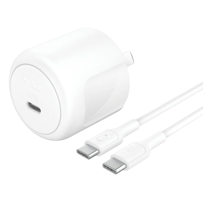 Belkin BoostCharge Compact 45W USB-C PD 3.1 Wall Charger + USB-C to USB-C Cable - White (WCA013au1MWH-B6), Safe  Efficient, 2 Years Warranty