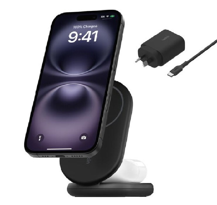 Belkin BoostCharge 2-in-1 Magnetic Wireless Foldable Charger with Qi2 15W-Black (WIZ028auBK),36W USB-C PSU,Charges 2 Device,CEW $2500,2 Years Warranty